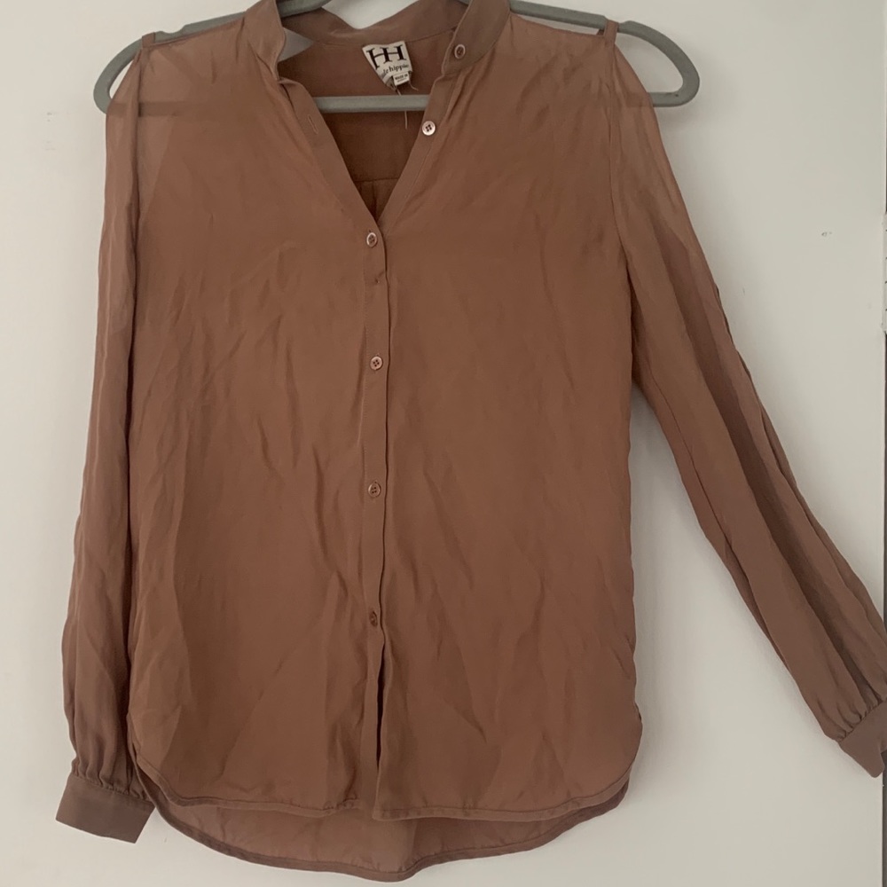 Haute Hippie Womens Silk Cold Shoulder Button Down Blouse Beige Size Extra Small